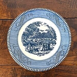 Vintage Currier & Ives Blue White Bread Plate “Harvest” Americana Transferware